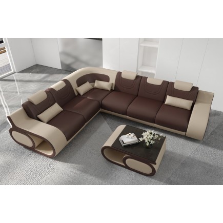 - Canapé d'angle en cuir italien 7 places LUXEMBOURG, chocolat et beige, angle gauche