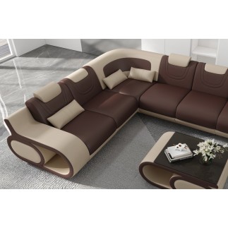 - Canapé d'angle en cuir italien 7 places LUXEMBOURG, chocolat et beige, angle gauche