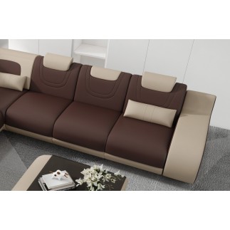 - Canapé d'angle en cuir italien 7 places LUXEMBOURG, chocolat et beige, angle gauche