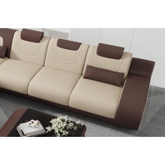 Canapé d'angle en cuir italien 7 places LUXEMBOURG, beige et chocolat, angle gauche