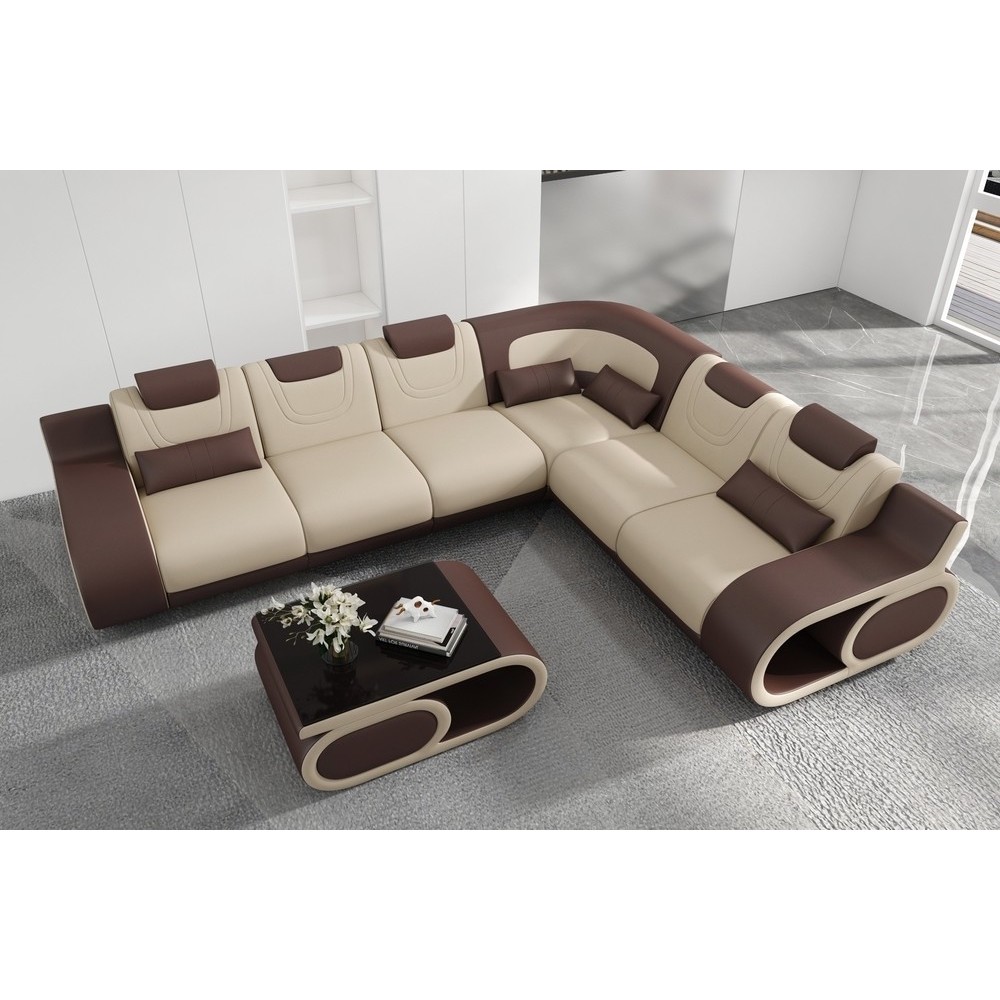 Canapé d'angle en cuir italien 7 places LUXEMBOURG, beige et chocolat, angle droit