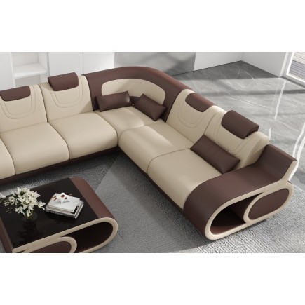 Canapé d'angle en cuir italien 7 places LUXEMBOURG, beige et chocolat, angle droit