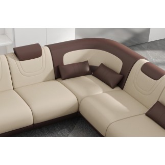 Canapé d'angle en cuir italien 7 places LUXEMBOURG, beige et chocolat, angle droit