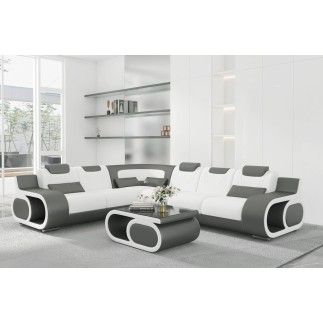 - Canapé d'angle en cuir italien 7 places LUXEMBOURG, blanc et gris foncé, angle gauche