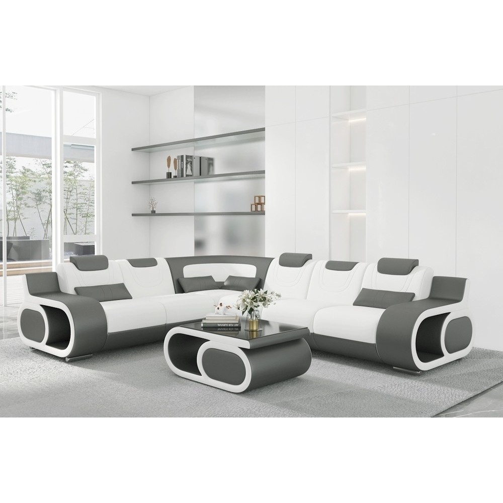 - Canapé d'angle en cuir italien 7 places LUXEMBOURG, blanc et gris foncé, angle gauche