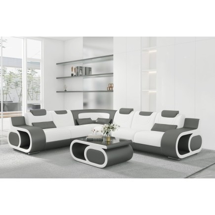 - Canapé d'angle en cuir italien 7 places LUXEMBOURG, blanc et gris foncé, angle gauche