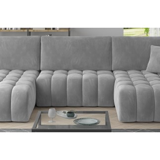 Canapé convertible en velours luxe 6/7 places et coffre, gris, méridienne gauche (vu de face) BONITA