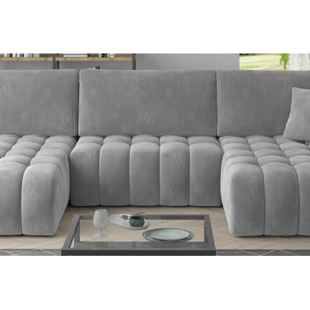 Canapé convertible en velours luxe 6/7 places et coffre, gris, méridienne gauche (vu de face) BONITA