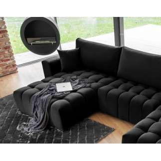 - Canapé convertible en velours luxe 6/7 places et coffre, noir, méridienne gauche (vu de face) BONITA