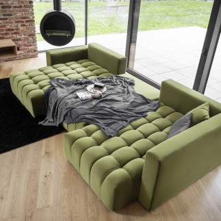 - Canapé convertible en velours luxe 6/7 places et coffre, noir, méridienne gauche (vu de face) BONITA