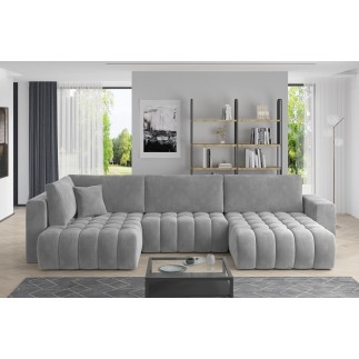 Canapé convertible en velours luxe 5 places et coffre, gris, méridienne droite (vu de face) BONITA