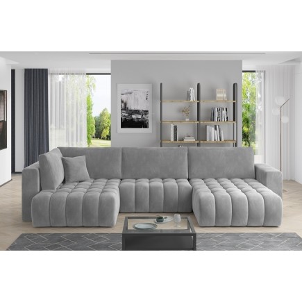 Canapé convertible en velours luxe 5 places et coffre, gris, méridienne droite (vu de face) BONITA