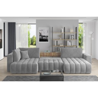 Canapé convertible en velours luxe 5 places et coffre, gris, méridienne droite (vu de face) BONITA