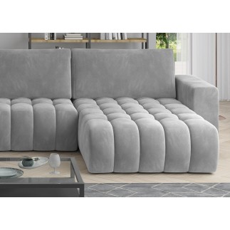 Canapé convertible en velours luxe 5 places et coffre, gris, méridienne droite (vu de face) BONITA