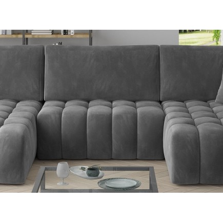 Canapé convertible en velours luxe 6/7 places et coffre, gris foncé, méridienne gauche (vu de face) BONITA