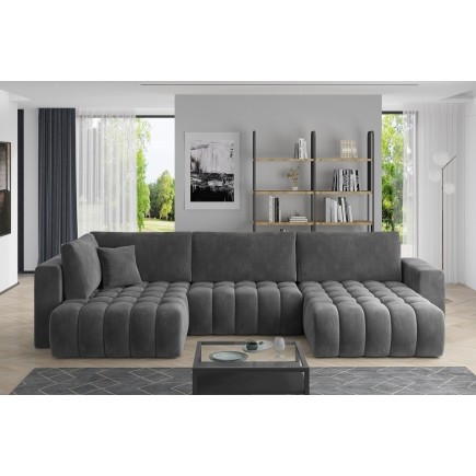 Canapé convertible en velours luxe 5 places et coffre, gris foncé, méridienne droite (vu de face) BONITA