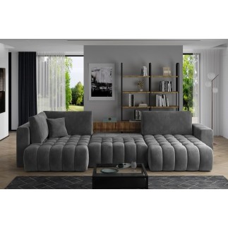 Canapé convertible en velours luxe 5 places et coffre, gris foncé, méridienne droite (vu de face) BONITA