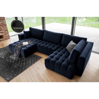 Canapé convertible en velours luxe 6/7 places et coffre, bleu foncé, méridienne gauche (vu de face) BONITA
