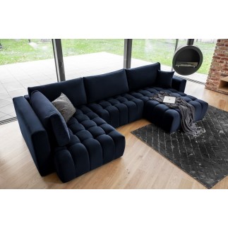 Canapé convertible en velours luxe 5 places et coffre, bleu foncé, méridienne droite (vu de face) BONITA