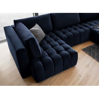 Canapé convertible en velours luxe 5 places et coffre, bleu foncé, méridienne droite (vu de face) BONITA