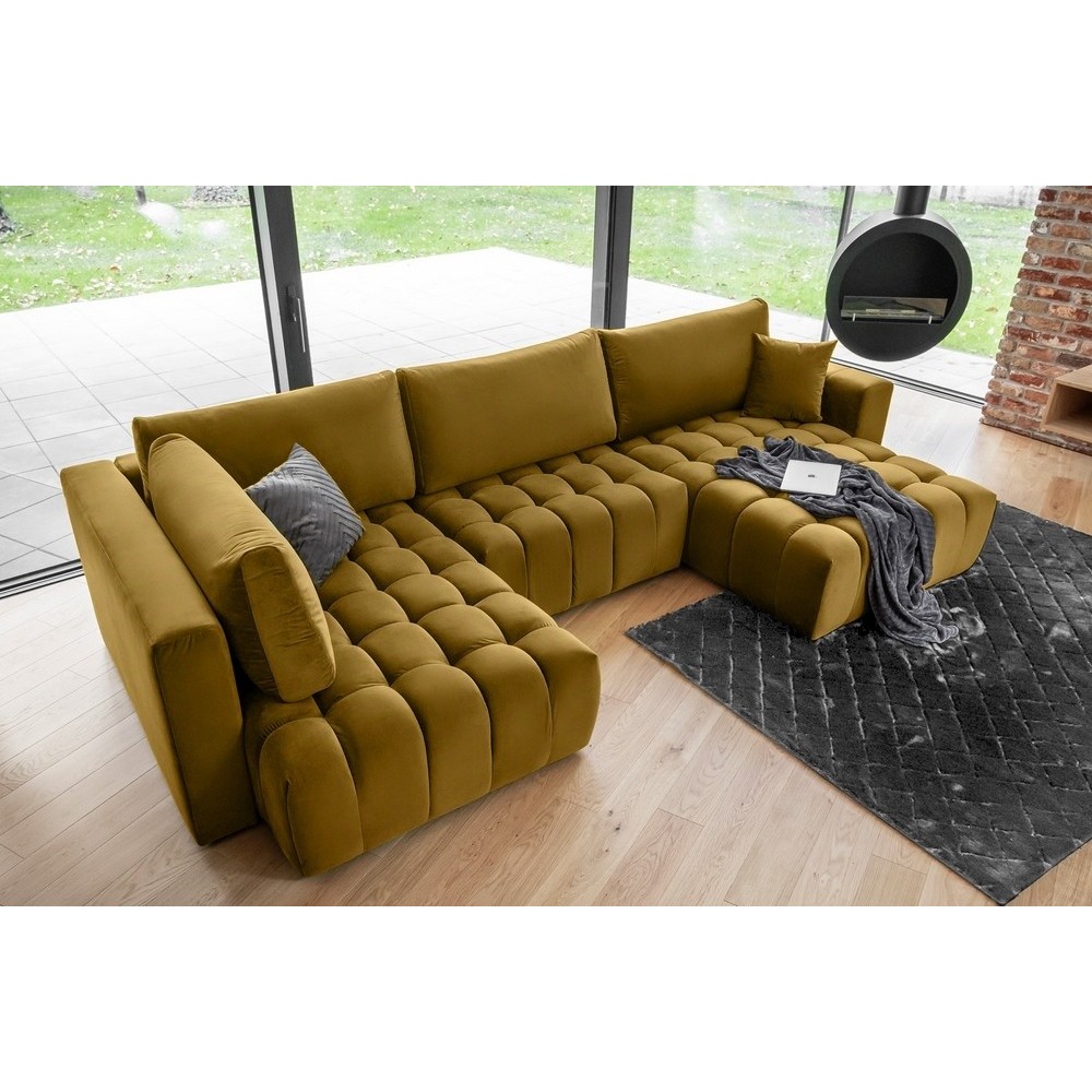Canapé convertible en velours luxe 5 places et coffre, bronze, méridienne droite (vu de face) BONITA