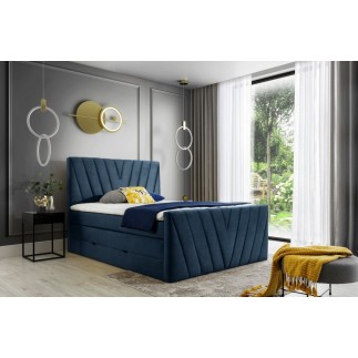 Ensemble boxspring complet 140x200 tête de lit + sommiers + matelas + surmatelas CANDY - velours luxe bleu, Bleu foncé