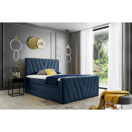 Ensemble boxspring complet 140x200 tête de lit + sommiers + matelas + surmatelas CANDY - velours luxe bleu, Bleu foncé