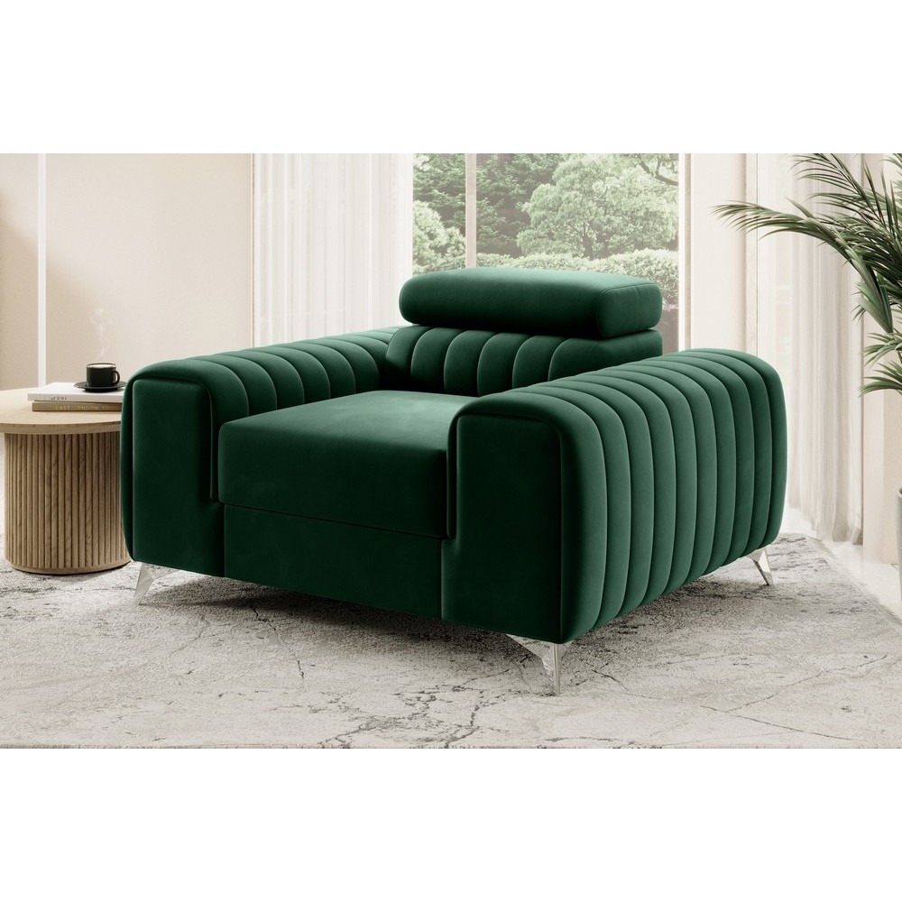 Fauteuil 1 place en tissu velours catégorie luxe, gris, LARIO, Vert