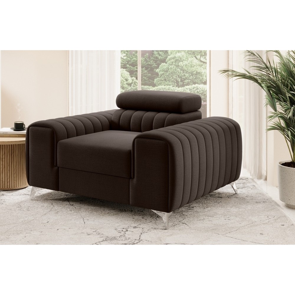 Fauteuil 1 place en tissu velours catégorie luxe, chocolat, LARIO
