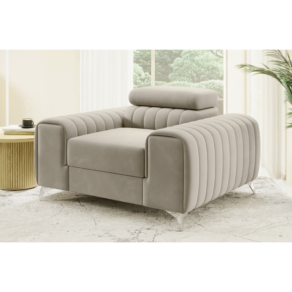 Fauteuil 1 place en tissu velours catégorie luxe, beige, LARIO