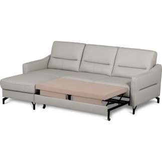 Canapé d'angle convertible en cuir italien luxe 5 places, FARINI, coffre, gris clair, angle gauche