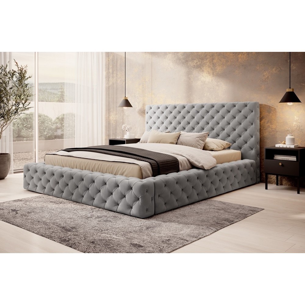 Lit 140x200 capitonné en velours luxe avec coffre, gris, PRIMO