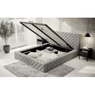 Lit 140x200 capitonné en velours luxe avec coffre, gris, PRIMO