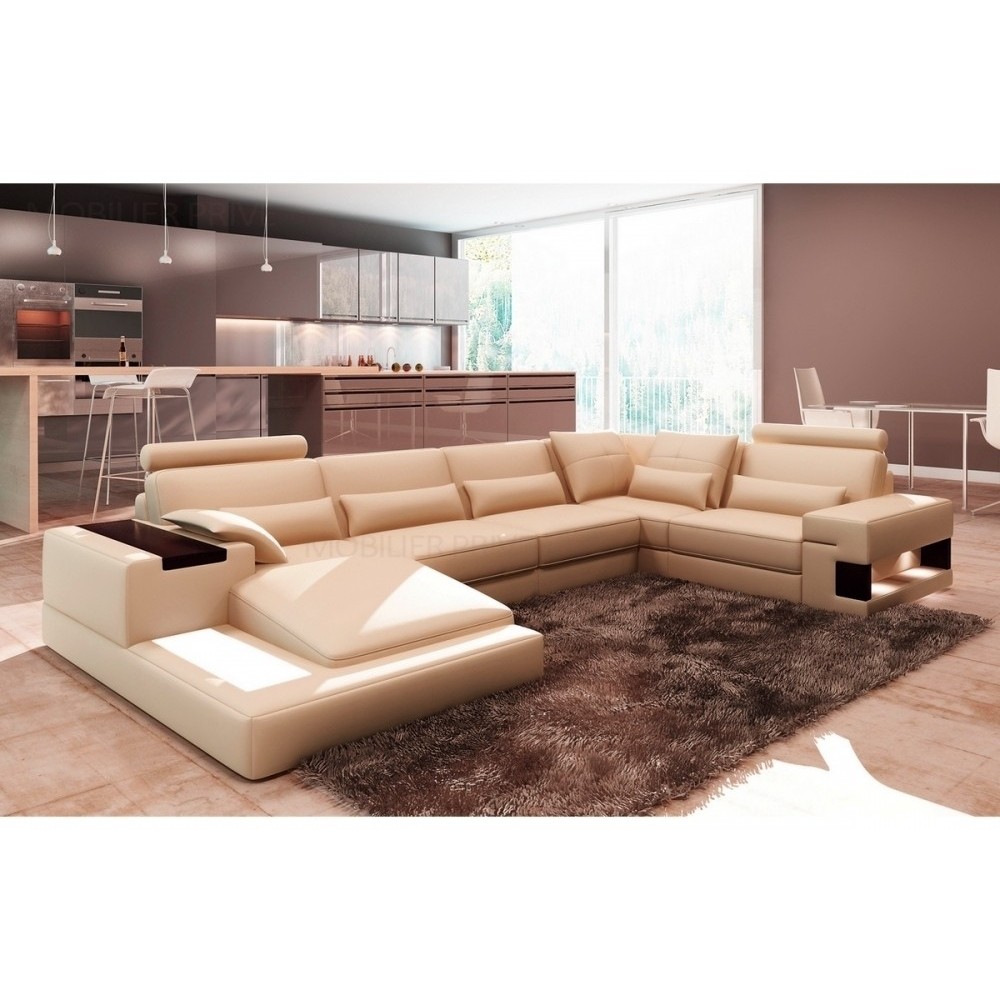 Canapé d'angle en cuir italien 7 places BEST, beige, angle droit