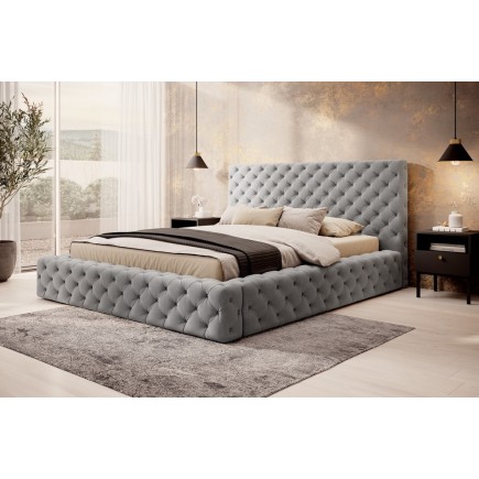 Lit 160x200 capitonné en velours luxe avec coffre, gris, PRIMO
