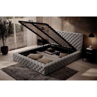Lit 160x200 capitonné en velours luxe avec coffre, gris foncé, PRIMO