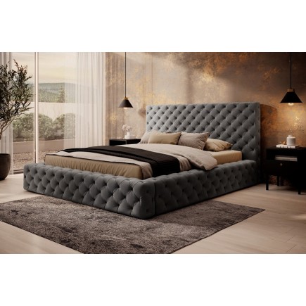 Lit 180x200 capitonné en velours luxe avec coffre, gris, PRIMO
