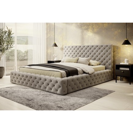 Lit 160x200 capitonné en velours luxe avec coffre, beige, PRIMO