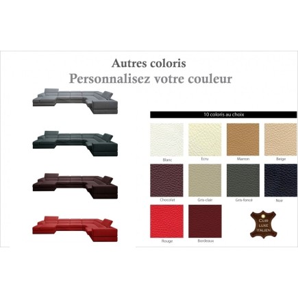Canapé d'angle en cuir italien 7 places panoramique EDEN, couleur personnalisée, angle droit