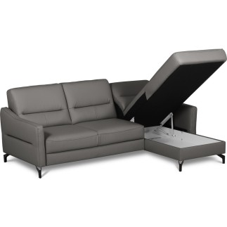 Canapé d'angle convertible en cuir italien luxe 5 places, FARINI, coffre, gris foncé, angle droit