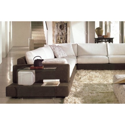 Canapé d'angle LOFT en tissu haut de gamme, écru et chocolat, angle gauche, Ecru / Marron, 8 places