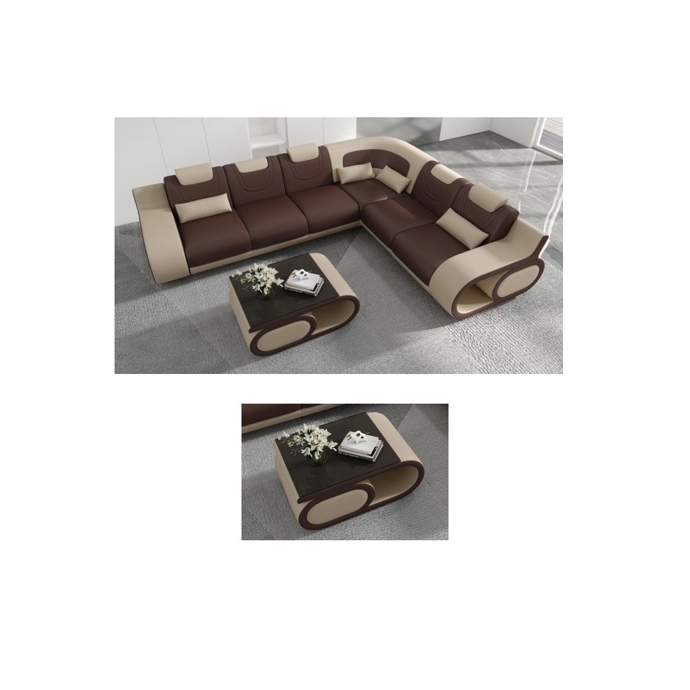 Deuxième paiement commande: Canapé d'angle en cuir italien 7 places LUXEMBOURG, chocolat et beige, angle droit, table basse choc