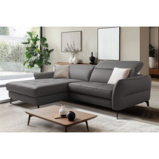 Canapé d'angle convertible en cuir italien luxe 5 places, MANZONI, coffre, gris foncé, angle gauche