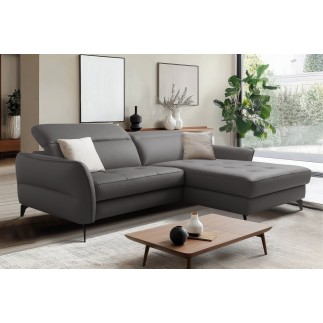 Canapé d'angle convertible en cuir italien luxe 5 places, MANZONI, coffre, gris foncé, angle droit