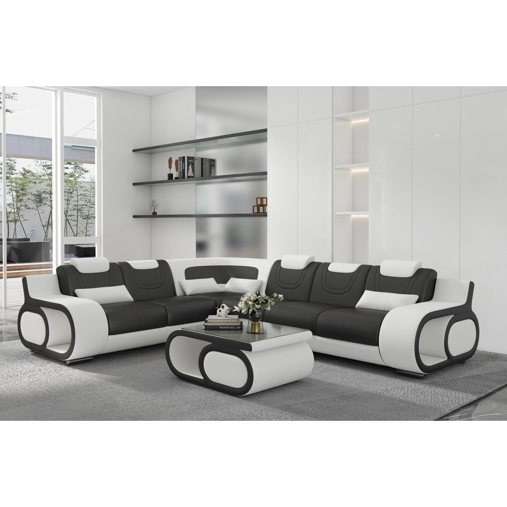 Canapé d'angle en cuir italien 7 places LUXEMBOURG, noir et blanc, angle gauche