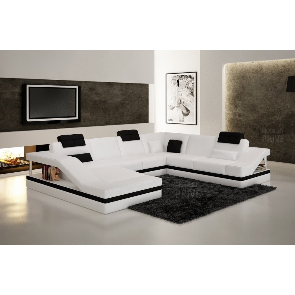 Canapé d'angle en cuir italien 8 places PERFECT, blanc et noir, angle droit