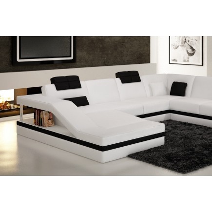 Canapé d'angle en cuir italien 8 places PERFECT, blanc et noir, angle droit