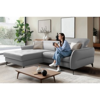 Canapé d'angle convertible en cuir italien luxe 5 places, MANZONI, coffre, gris clair, angle gauche