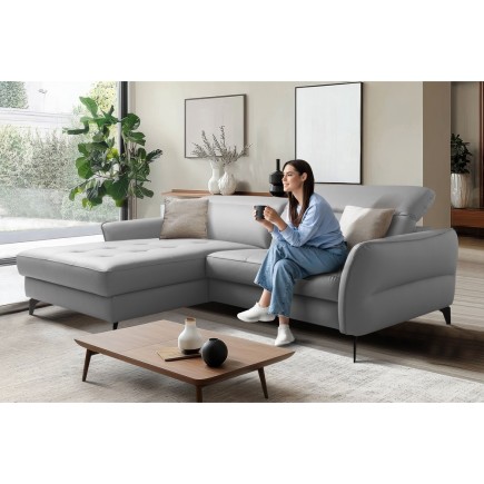 Canapé d'angle convertible en cuir italien luxe 5 places, MANZONI, coffre, gris clair, angle gauche