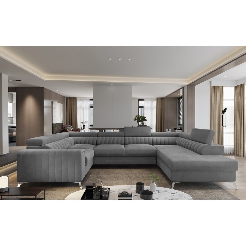 - Canapé d'angle convertible, LOUCA VELOURS Luxe, 7/8 places, gris , accoudoir gauche (vu de face)